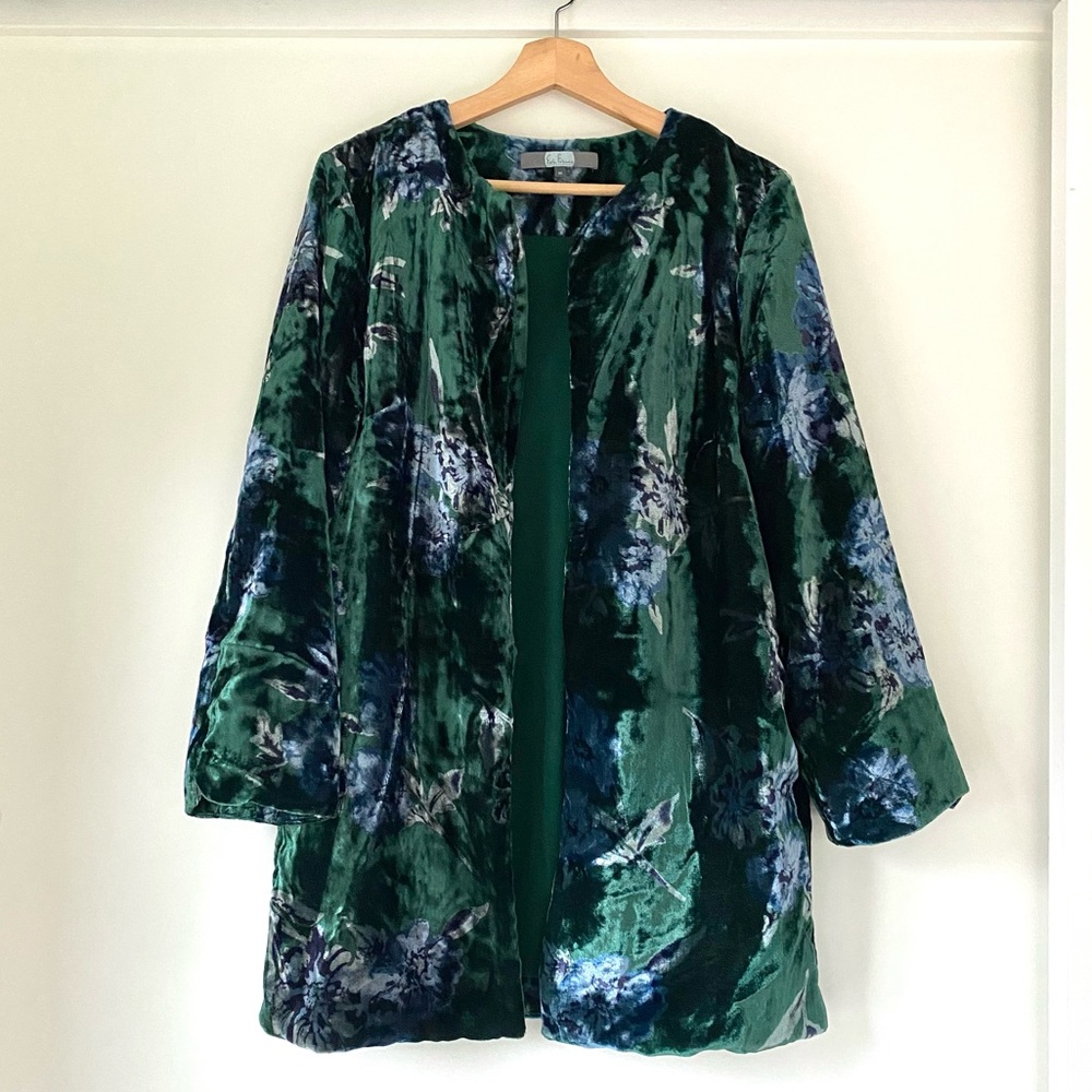 Anthropologie Eva Franco Green Floral Velvet Car Jacket